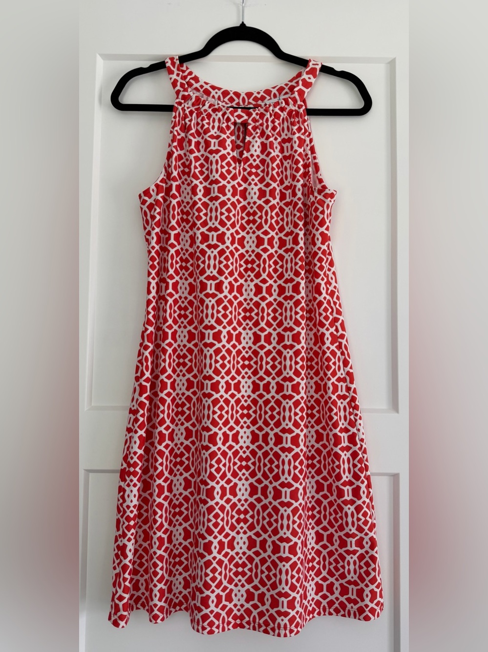 EUC Jude‎ Connally Deep Reddish Coral & White Geometric Halter Dress, Medium